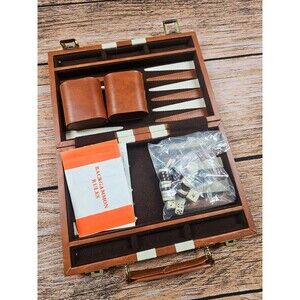 VTG Backgammon Magnetic In Travel Box Brown Leather Brief Case Taiwan Complete